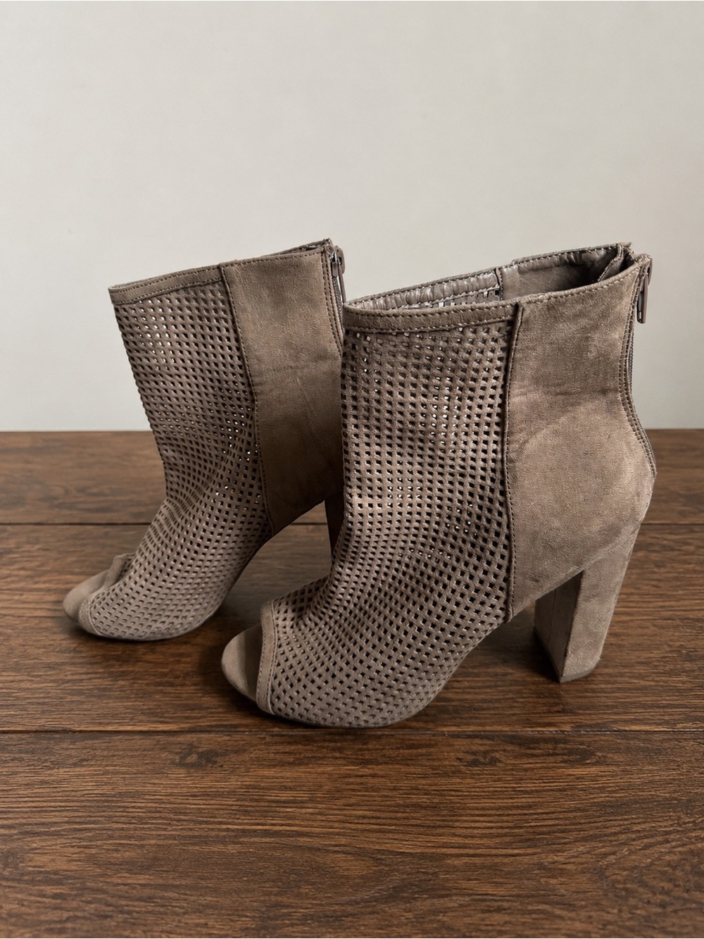 Women's Taupe Suede Peep-Toe Ankle Boots
